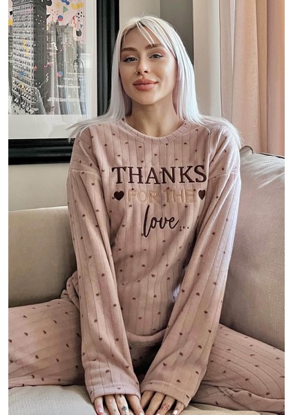 Kahve Thanks Desenli Peluş Polar Pijama Takımı
