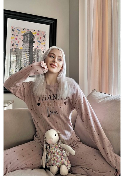 Kahve Thanks Desenli Peluş Polar Pijama Takımı fiyatları