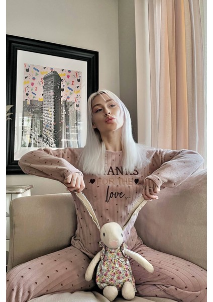 Kahve Thanks Desenli Peluş Polar Pijama Takımı modelleri