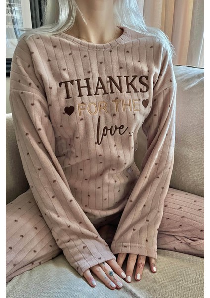 Kahve Thanks Desenli Peluş Polar Pijama Takımı fırsatları