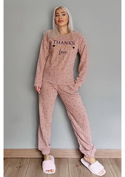 Kahve Thanks Desenli Peluş Polar Pijama Takımı indirimleri
