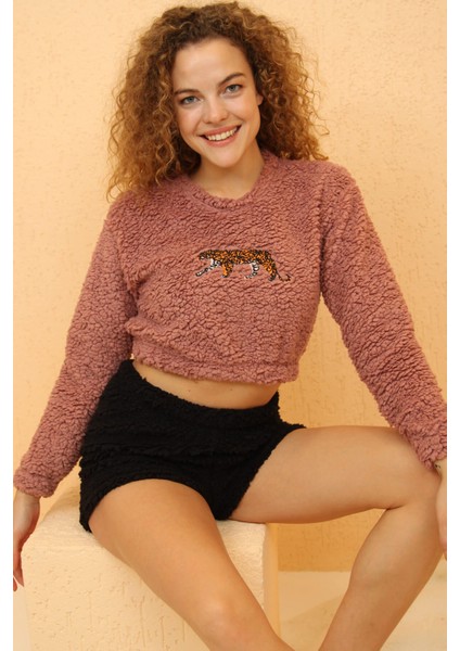 Pudra Tiger Desenli Crop Poodle Peluş Pijama Takımı