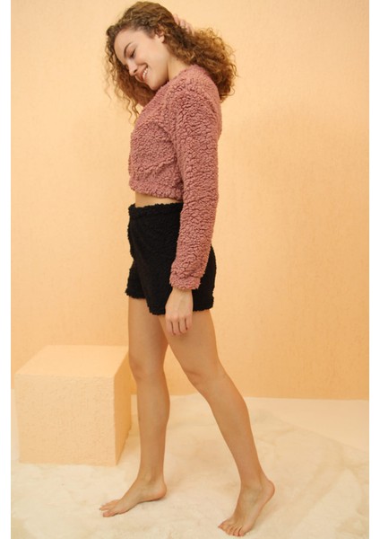 Pudra Tiger Desenli Crop Poodle Peluş Pijama Takımı