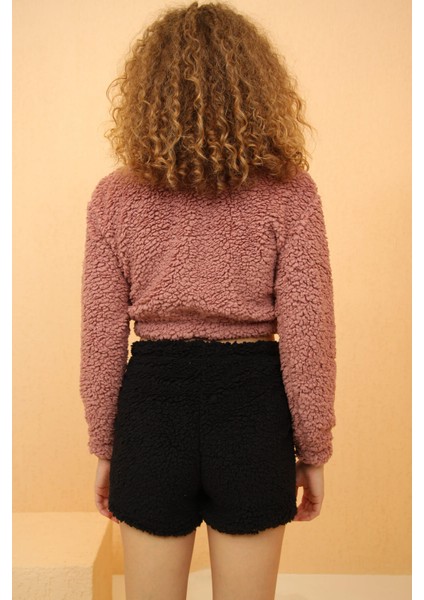 Pudra Tiger Desenli Crop Poodle Peluş Pijama Takımı