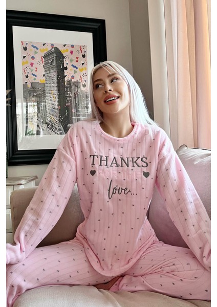 Toz Pembe Thanks Desenli Peluş Polar Pijama Takımı fiyatları