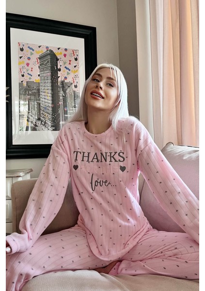 Toz Pembe Thanks Desenli Peluş Polar Pijama Takımı modelleri