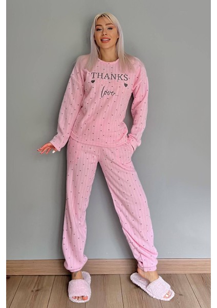 Toz Pembe Thanks Desenli Peluş Polar Pijama Takımı indirimleri