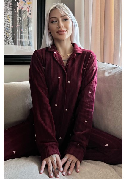 Bordo Kalp Desenli Önden Düğmeli Peluş Polar Pijama Takımı