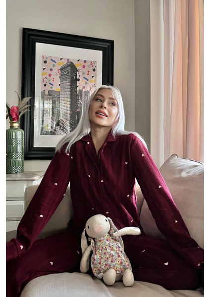 Bordo Kalp Desenli Önden Düğmeli Peluş Polar Pijama Takımı