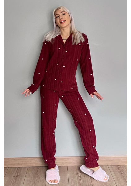 Bordo Kalp Desenli Önden Düğmeli Peluş Polar Pijama Takımı