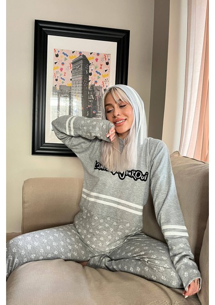 Gri Bonjour Street Desenli Yumoş Örme Pijama Takımı