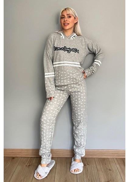 Gri Bonjour Street Desenli Yumoş Örme Pijama Takımı