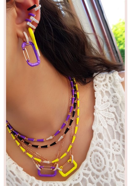 Mor Ithal Double Zincir Dikdörtgen Gümüş Kolye