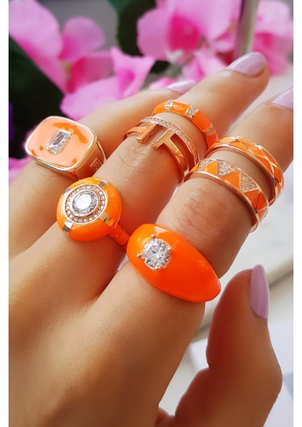 Cute Taşlı Orange Neon Gümüş Yüzük