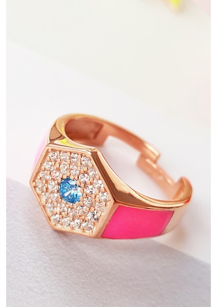 Ortası Mavi Taş Dolu Pembe Neon Gümüş Yüzük