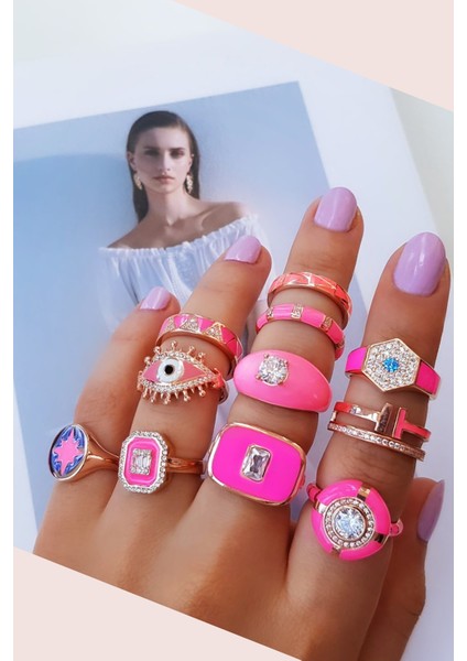 Ortası Mavi Taş Dolu Pembe Neon Gümüş Yüzük fiyatları