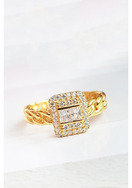 Beyaz Taşlı Baget Zincir Gümüş Yüzük