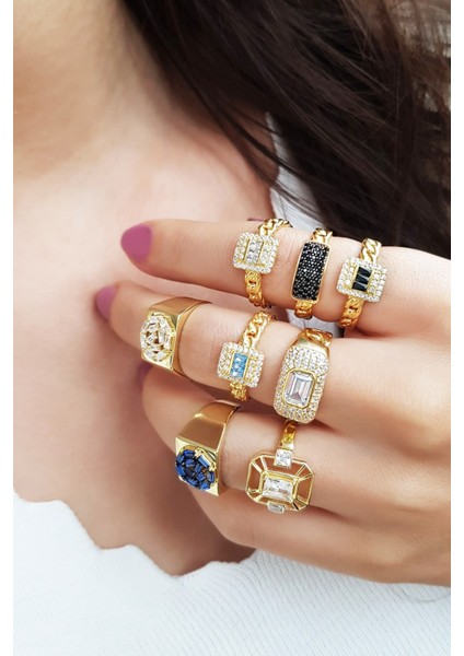 Beyaz Taşlı Baget Zincir Gümüş Yüzük fiyatları