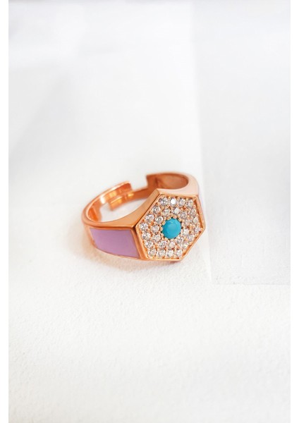 Ortası Mavi Taş Dolu Turuncu Gümüş Yüzük