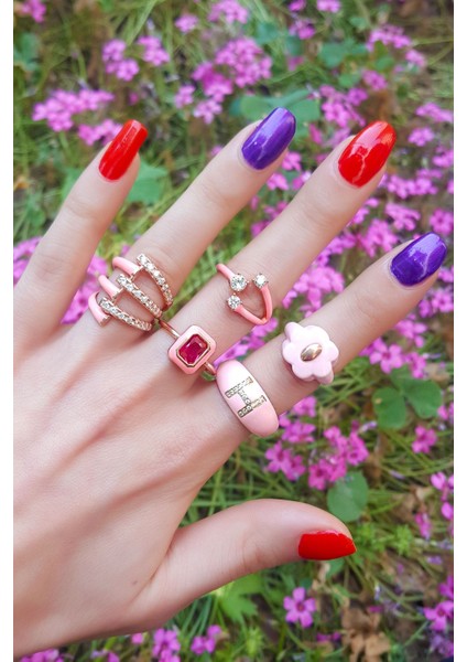 Pembe Mineli Çiçek Detaylı Gümüş Yüzük
