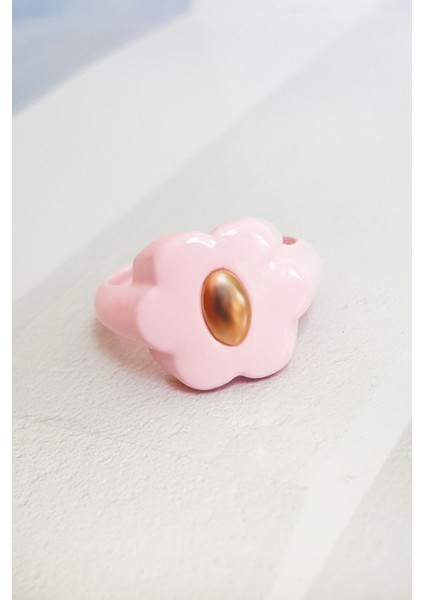 Pembe Mineli Çiçek Detaylı Gümüş Yüzük