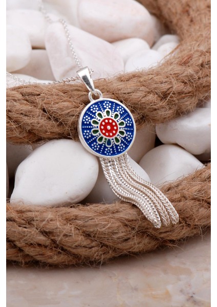 Anadolu Motifli Mineli Tasarım Gümüş Kolye 7802