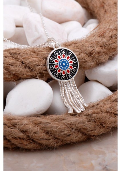 Anadolu Motifli Mineli Tasarım Gümüş Kolye 7803