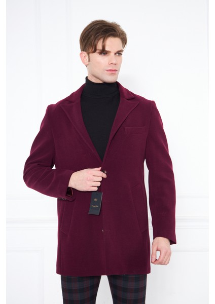 Erkek Bordo Slim Fit Sivri Yaka Düğmeli Kaban