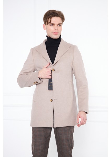 Erkek Bej Slim Fit Hakim Yaka Düğmeli Kaban