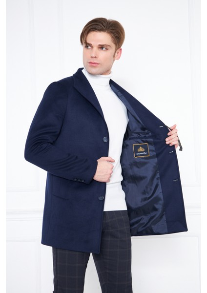 Erkek Lacivert Slim Fit Hakim Yaka Düğmeli Kaban modelleri