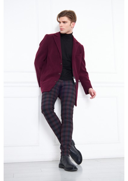 Erkek Bordo Slim Fit Sivri Yaka Düğmeli Kaban indirimleri