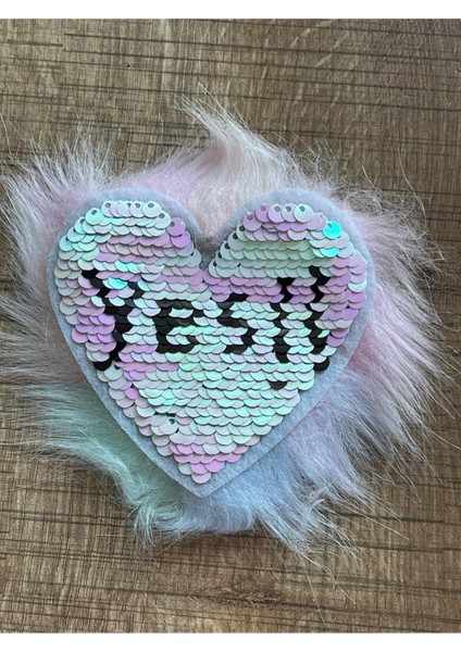 8x8 cm Pul Payetli Kalp Peluş Tüylü Aplike Arma Yama
