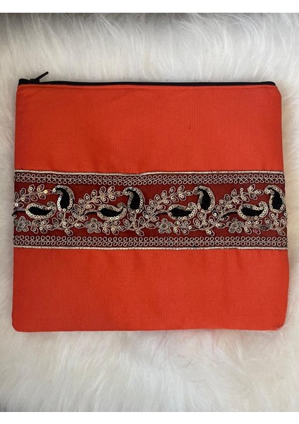 Gönülden Tasarım Etnik Pul Payetli Desenli Şeritli Turuncu Portföy Clutch El ve Makyaj Çantası 25X28 cm