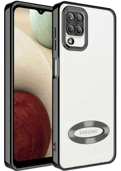 Samsung Galaxy M12 Kılıf Logo Gösteren Parlak Kenarlı Kamera Lens Korumalı Şeffaf Omega Silikon Kapak