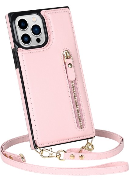 Xstepcase iPhone 14 Pro Pu Deri Kaplamalı Tpu Kickstand Telefon Kasası Fermuar Cep Manyetik Düğme Kartı Yuvaları Omuz Kayışı ile Koruyucu Kapak (Yurt Dışından)