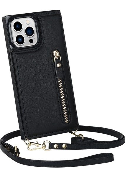 Xstepcase iPhone 14 Pro Pu Deri Kaplamalı Tpu Kickstand Telefon Kasası Fermuar Cep Manyetik Düğme Kartı Yuvaları Omuz Kayışı ile Koruyucu Kapak (Yurt Dışından)