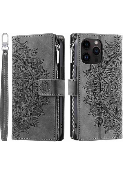 Xstepcase iPhone 14 Için Çoklu Kart Yuvaları Için Telefon Kapağı Mandala Çiçek Baskılı Pu Deri Telefon Kasası Standı Fermuarlı Cep Cüzdan Kayış (Yurt Dışından)