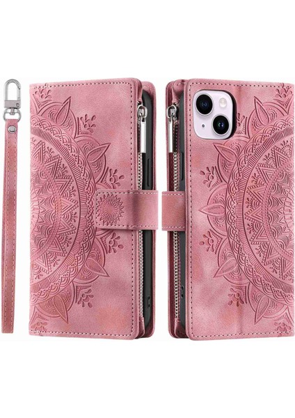 Xstepcase iPhone 14 Plus Için Telefon Kabuğu, Anti-Cratch Mandala Çiçek Basılı Pu Deri Kapak Standı Çoklu Kart Yuvası Zipper Cep Cüzdan Kılıfı (Yurt Dışından)