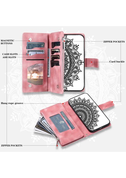 Xstepcase iPhone 14 Plus Için Telefon Kabuğu, Anti-Cratch Mandala Çiçek Basılı Pu Deri Kapak Standı Çoklu Kart Yuvası Zipper Cep Cüzdan Kılıfı (Yurt Dışından)