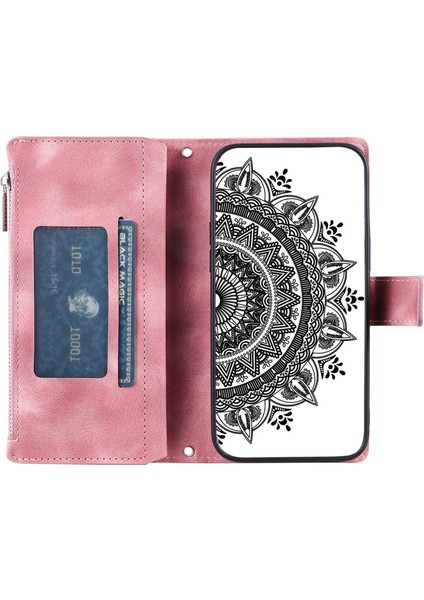 Xstepcase iPhone 14 Plus Için Telefon Kabuğu, Anti-Cratch Mandala Çiçek Basılı Pu Deri Kapak Standı Çoklu Kart Yuvası Zipper Cep Cüzdan Kılıfı (Yurt Dışından)