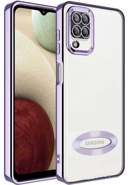 Samsung Galaxy M12 Kılıf Logo Gösteren Parlak Kenarlı Kamera Lens Korumalı Şeffaf Omega Silikon Kapak