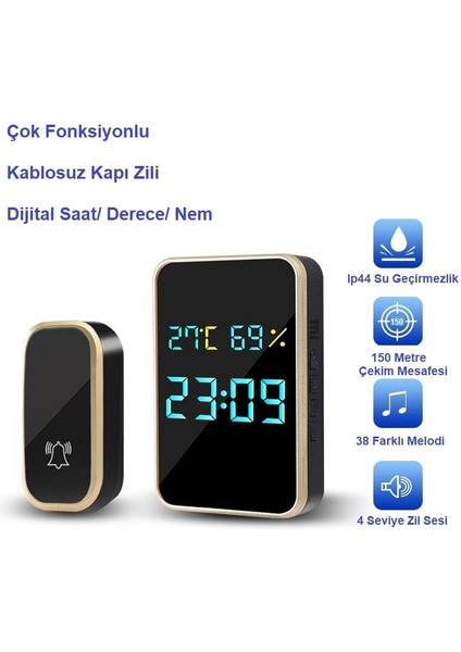 Kablosuz Pil Gerektirmeyen Kapı Zili Dijital Ekran Saat Derece Nem Göstergeli