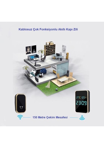 Kablosuz Pil Gerektirmeyen Kapı Zili Dijital Ekran Saat Derece Nem Göstergeli