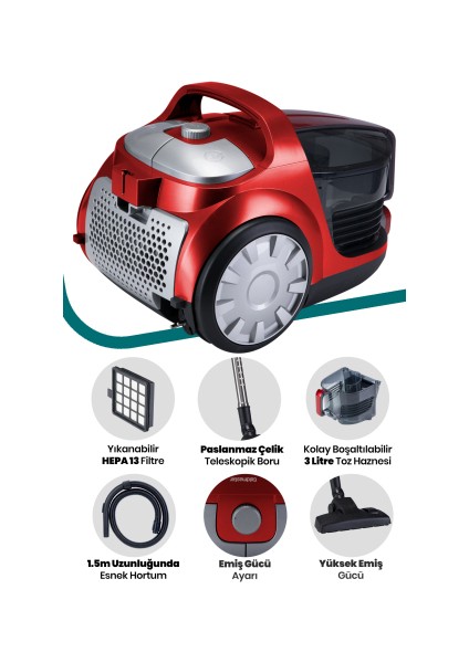 Proton Çift Hepa Filtreli 3lt Geniş Hazneli Hız Ayarlı Cyclonic Toz Torbasız Elektrikli Süpürge