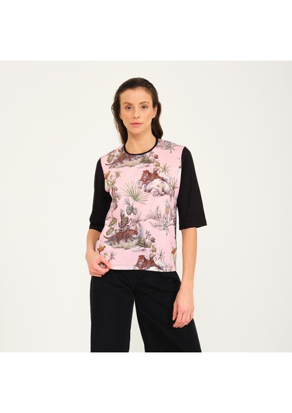 Tropikal Desen Basılı T-Shirt Bluz