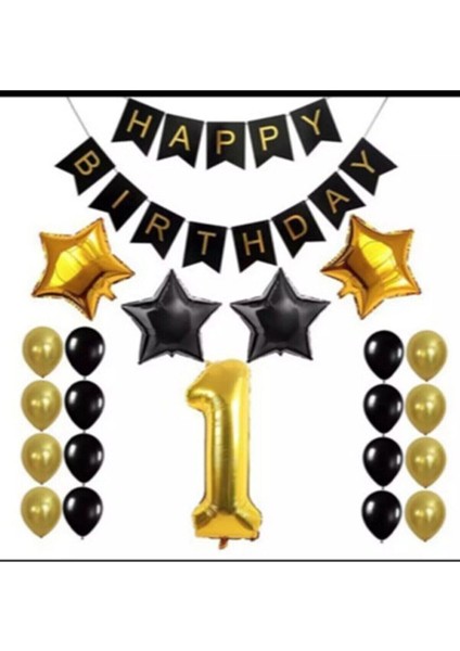 1 Yaş Happy Bırthday Yazılı Gold Siyah Balon Seti