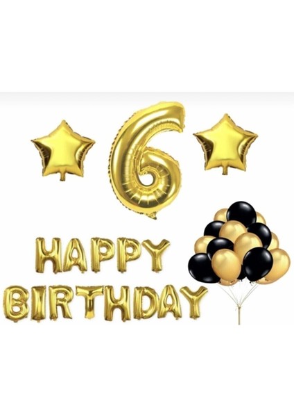 Gold 6 Yaş Happy Bırthday Folyo Balonlu Yıldızlı Set