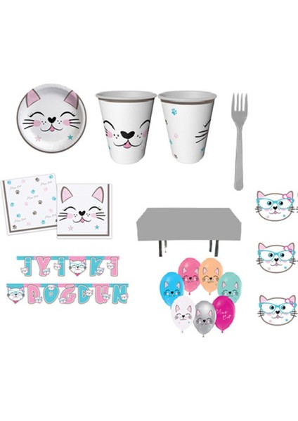 Miss Cat Kedi Doğum Günü Parti Seti - Kedili Tabak Bardak Peçete