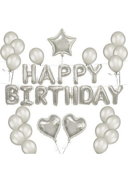 Happy Bırtday Gümüş Balon Seti