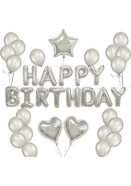 Happy Bırtday Gümüş Balon Seti